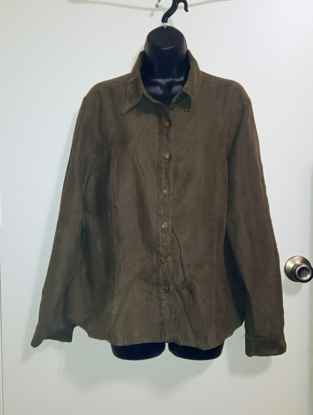 Button-Front Olive Green Women's Faux Suede Shirt
